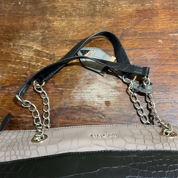 Guess Shoulder Tote Bag & Wallet Set Color Block Croc Print Chain Accent Black​​ - Picture 6 of 16